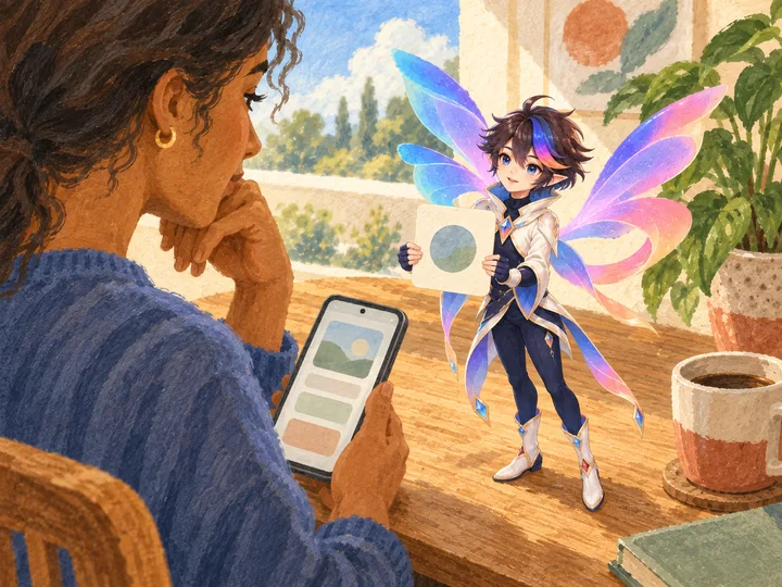 Painting: Taffy, a small winged character, holds up a card to a person at a desk and waits for their answer.