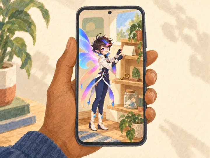 Painting: a hand holds a phone whose screen is a small room, where Taffy puts keepsakes on a shelf.
