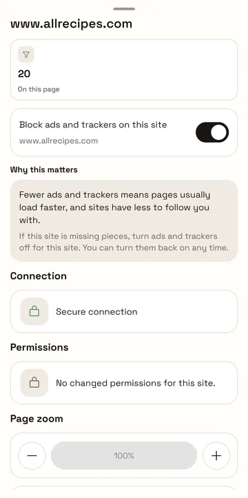 The page sheet for allrecipes.com: 20 ads and trackers blocked on this page, and a switch that blocks ads and trackers on this site.