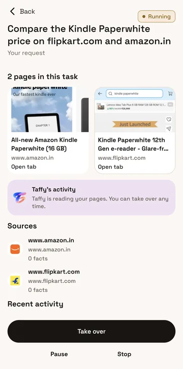 An errand running: Taffy compares a Kindle Paperwhite's price on flipkart.com and amazon.in. The screen shows the two pages, what Taffy is doing, and Take over, Pause and Stop.
