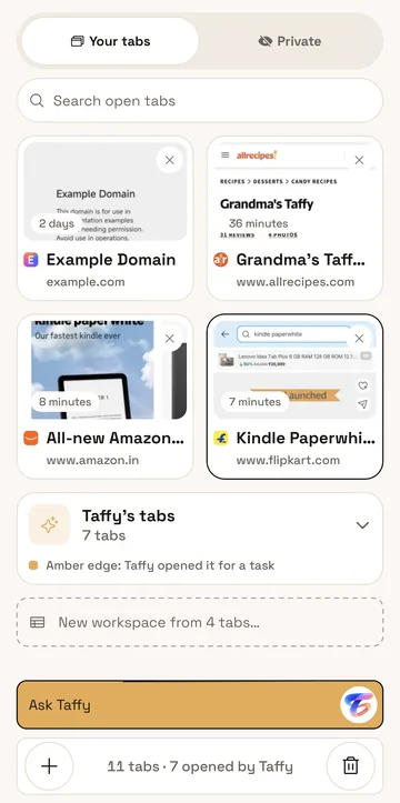 The tab switcher: four of your tabs, then Taffy's tabs collapsed into their own group, with a note that an amber edge marks a tab Taffy opened for a task.