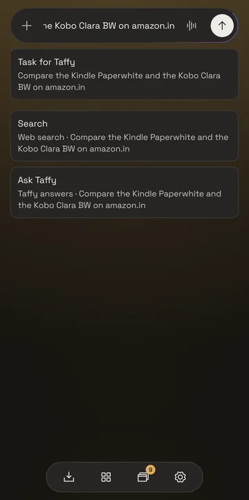 The start page in the dark theme, with a request typed into the box and the Downloads, Workspaces, Tabs and Settings buttons along the bottom.