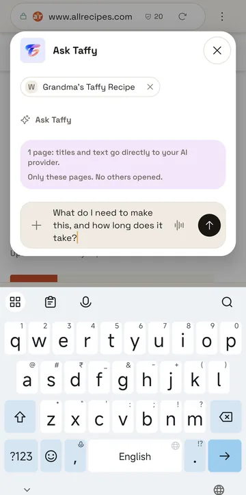 The Ask Taffy panel with one recipe page attached and a question typed. A note says the page's title and text go directly to your AI provider and no other pages are opened.